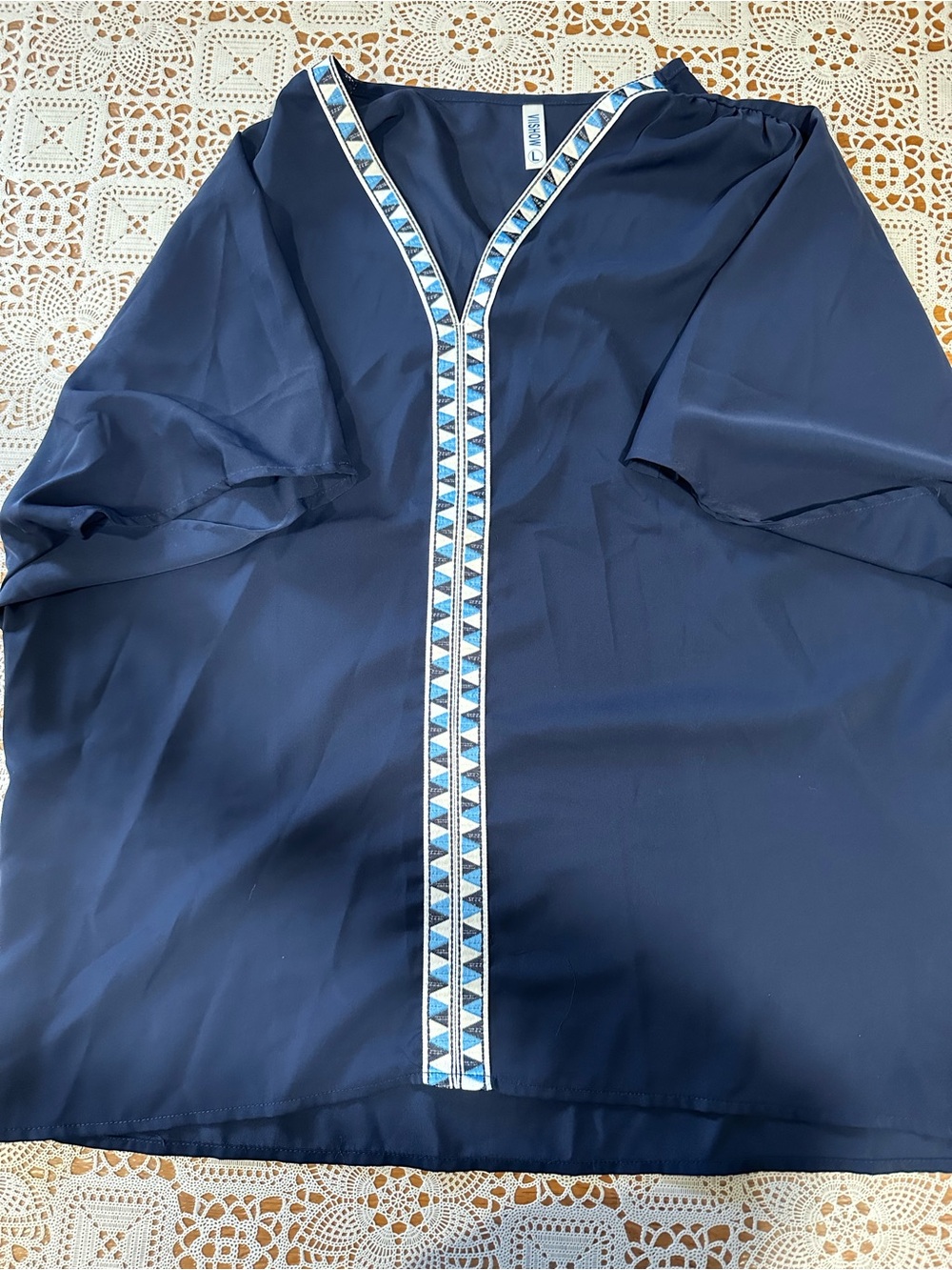 Vishow Navy Blue Boho Tunic Top Embroidered Trim Oversized Large